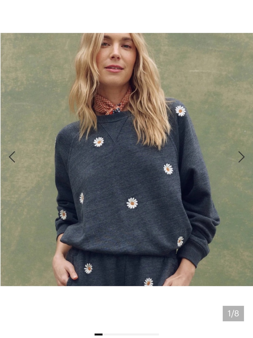 THE GREAT.  Blue Crewneck Sweatshirt with White Daisy Embroidery